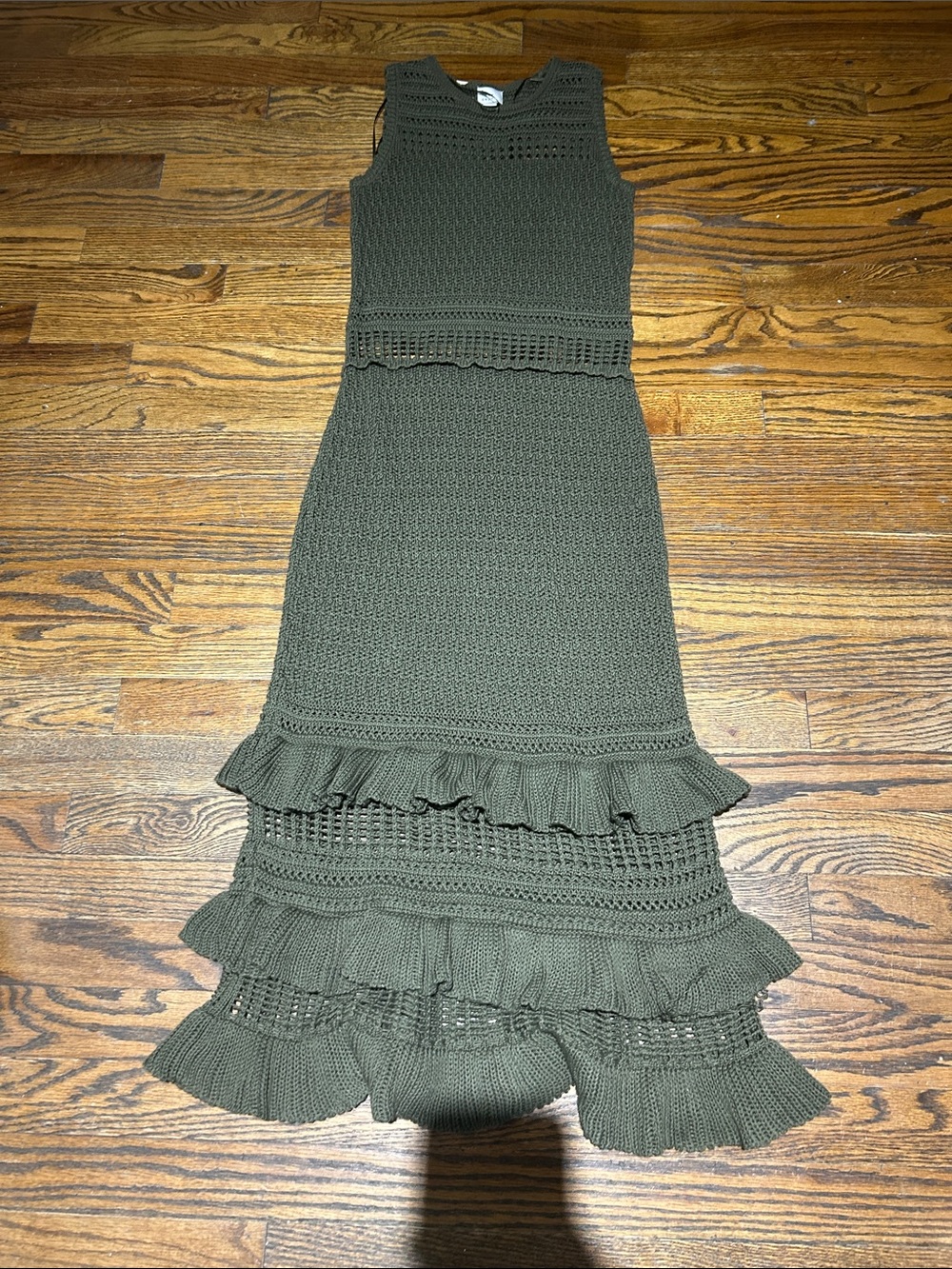 Olive Green Crochet Tiered Ruffle Maxi Dress - Picture 7 of 7